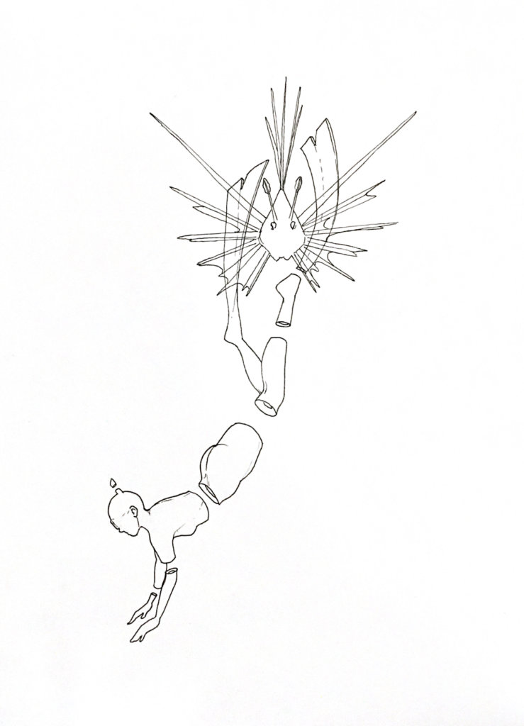 WIP drawing of a snorkeler and a spiky fish