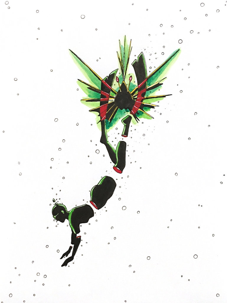 color drawing of a snorkeler and a spiky fish