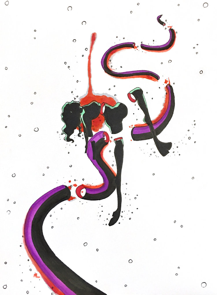 color drawing of a snorkeler and a large tentacle