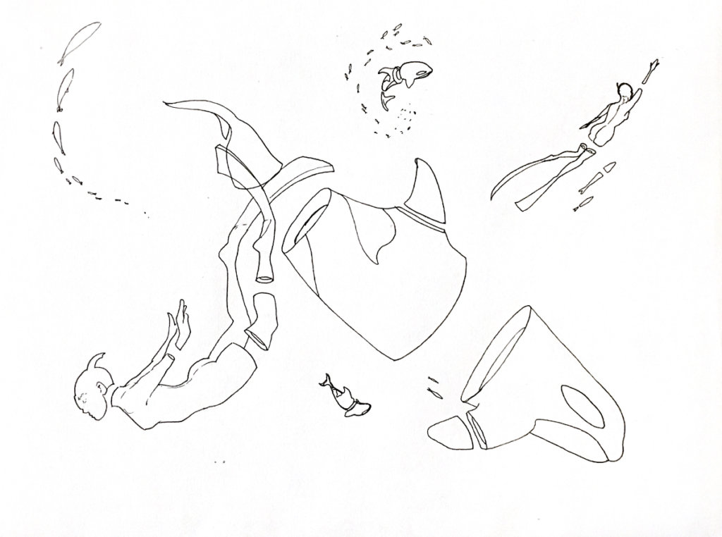 WIP drawing of a few orcas and snorkelers