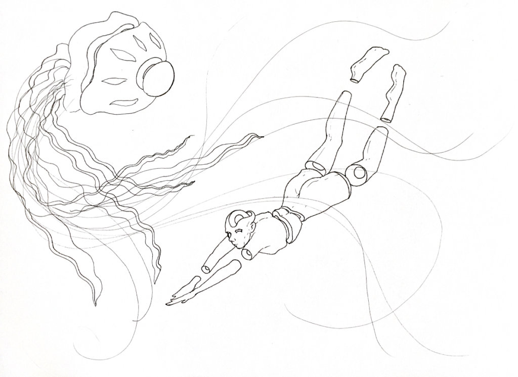 WIP drawing of a giant jellyfish and a snorkeler