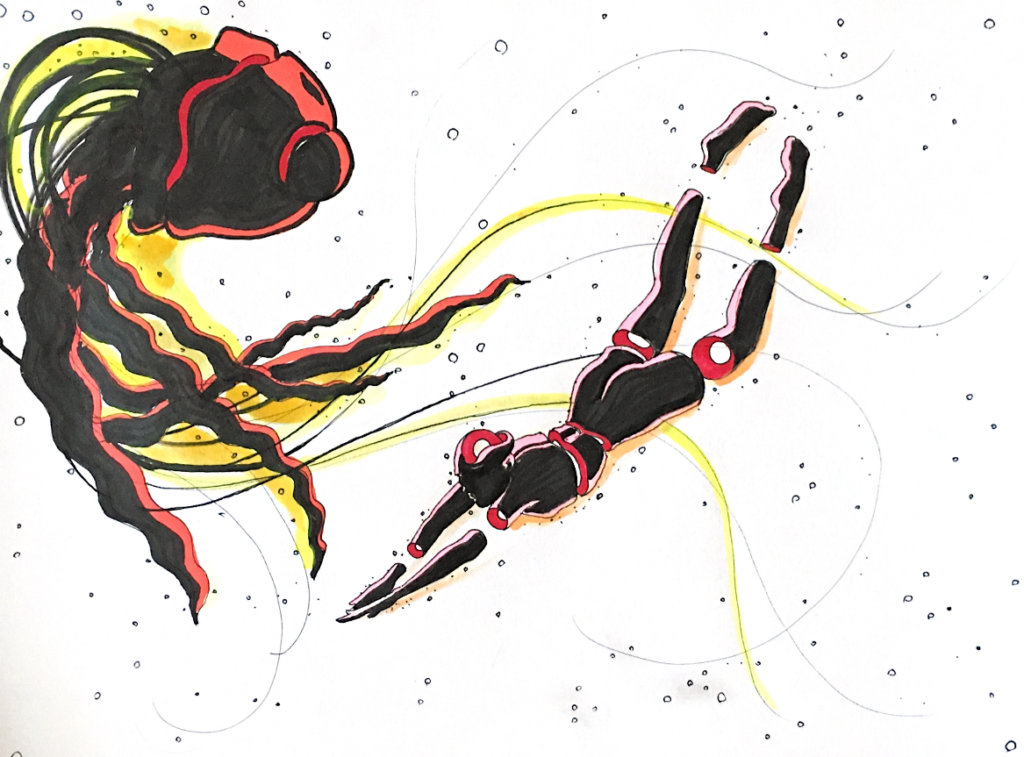 color drawing of a giant jellyfish and a snorkeler