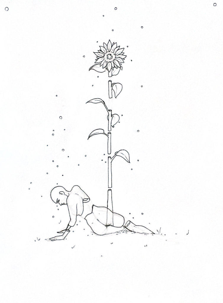 WIP drawing of a person and a giant sunflower towering over them