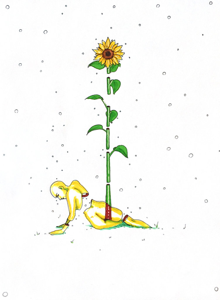 color drawing of a person and a giant sunflower towering over them