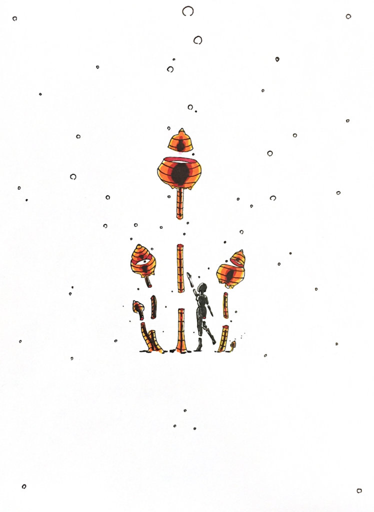 color drawing of mushrooms and a tiny person