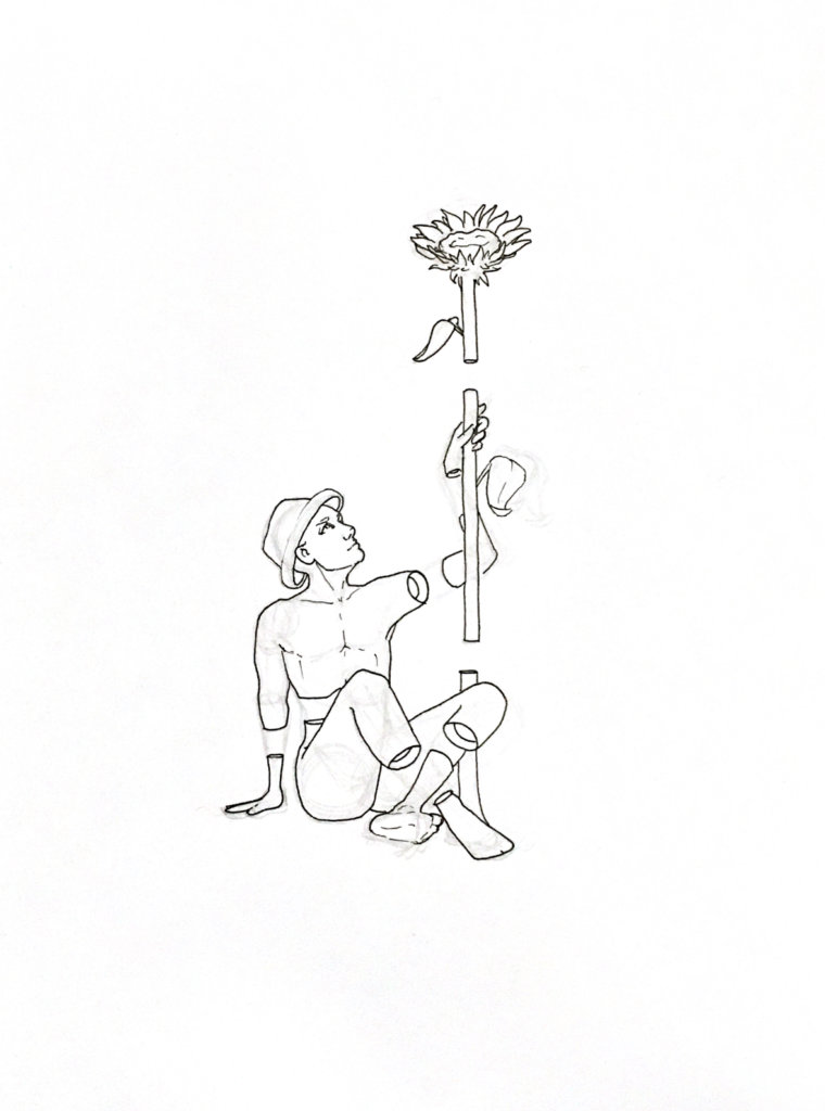 WIP drawing of a person holding onto a sunflower