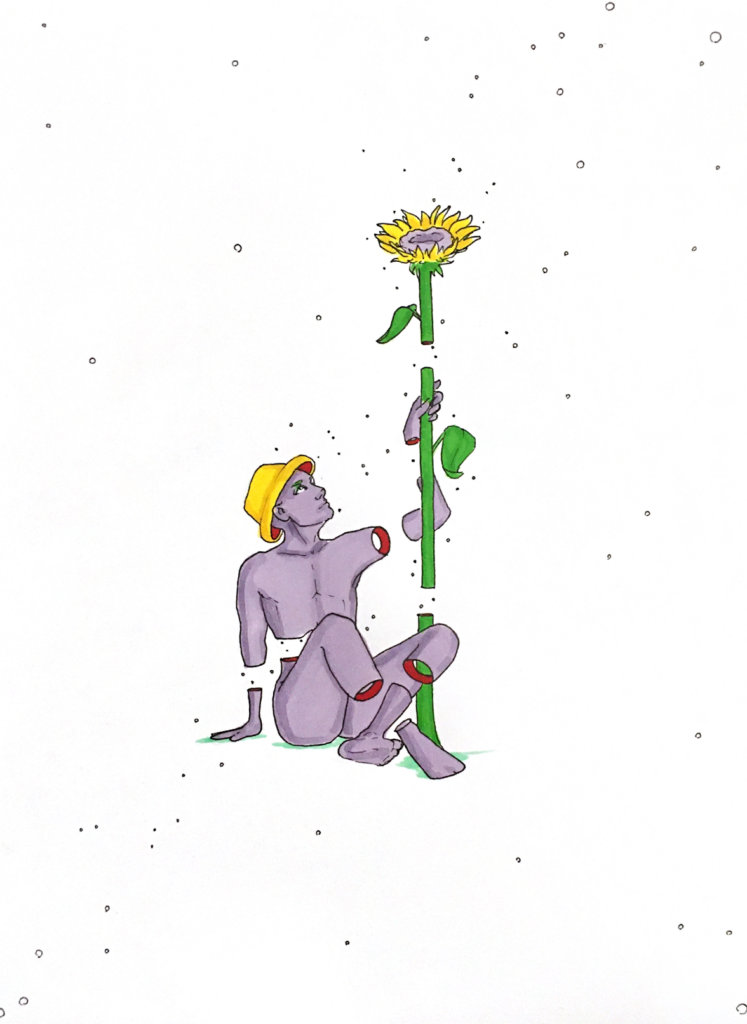 color drawing of a person holding onto a sunflower