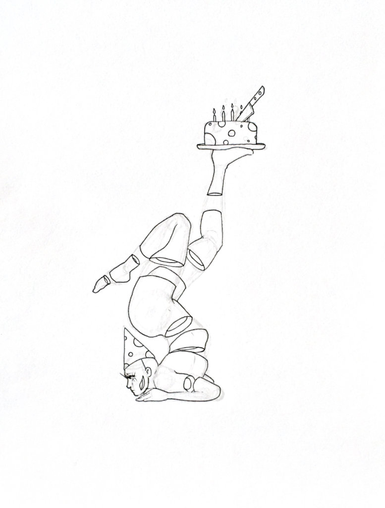 WIP drawing of a contortionist balancing a cake with a knife in it