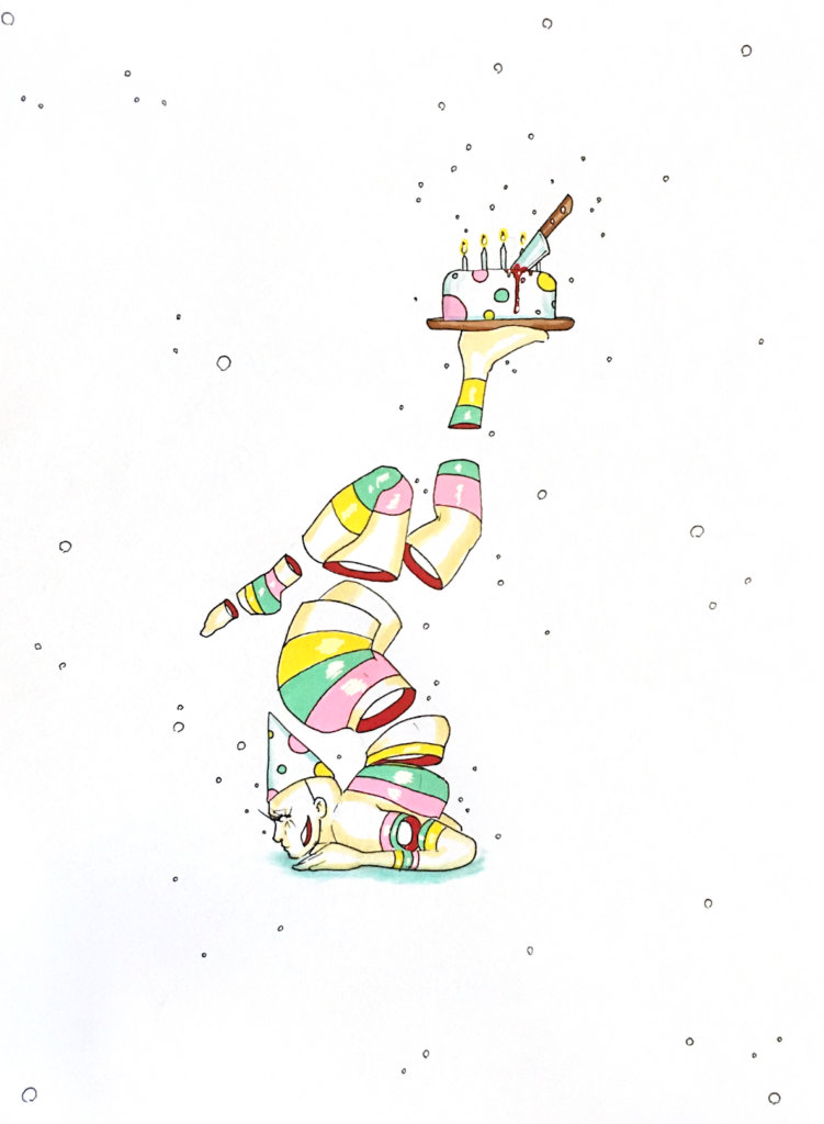 color drawing of a contortionist balancing a cake with a knife in it