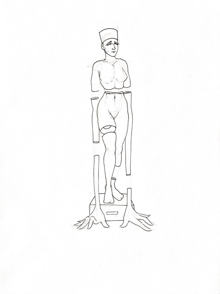 WIP drawing of a person with extra long arms and big hands