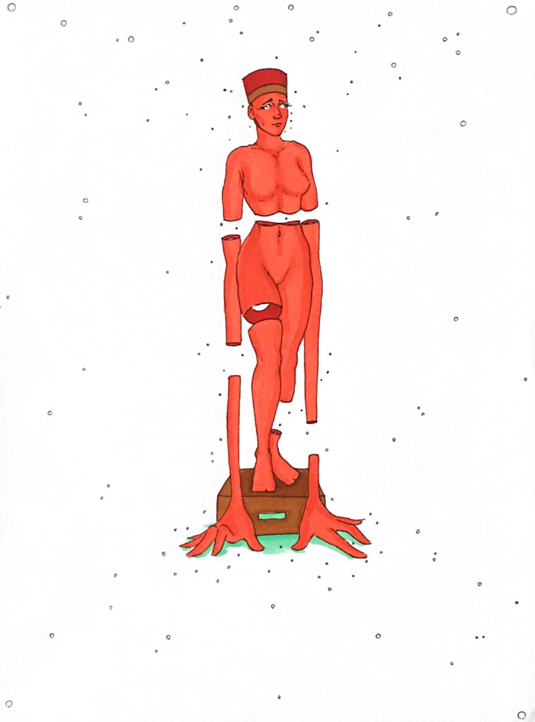 color drawing of a person with extra long arms and big hands