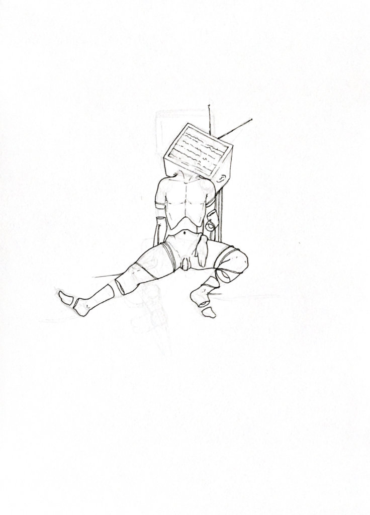 WIP drawing of a person with a TV for a head, overdosing