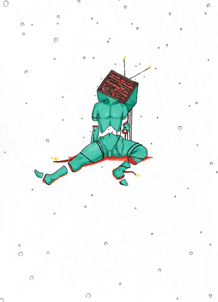 color drawing of a person with a TV for a head, overdosing