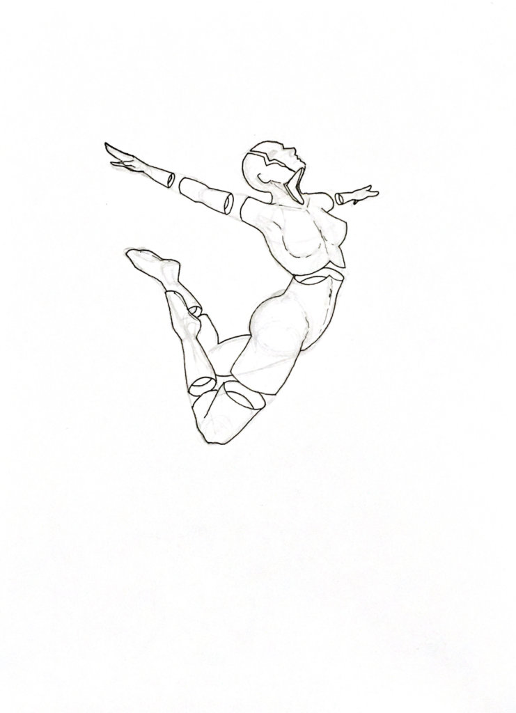 WIP drawing of a woman flying