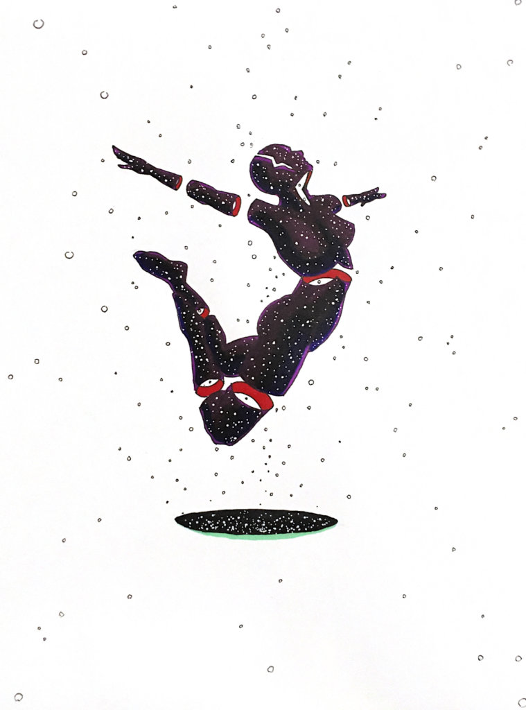 color drawing of a woman with skin resembling a galaxy flying