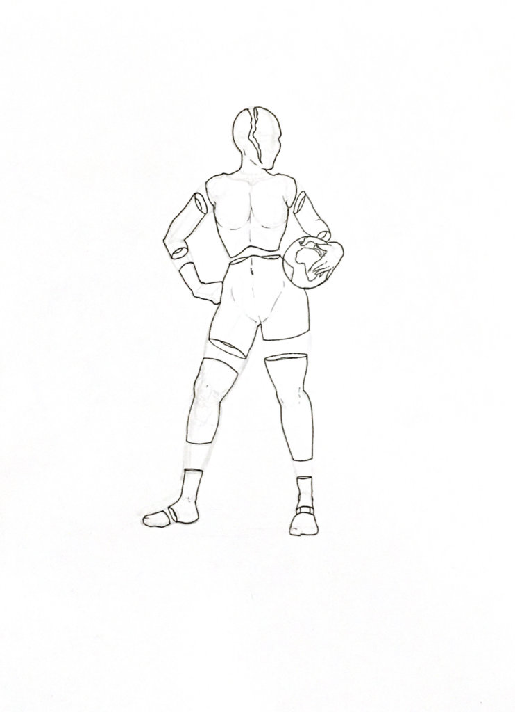 WIP drawing of a space woman holding the earth as if it is a basketball