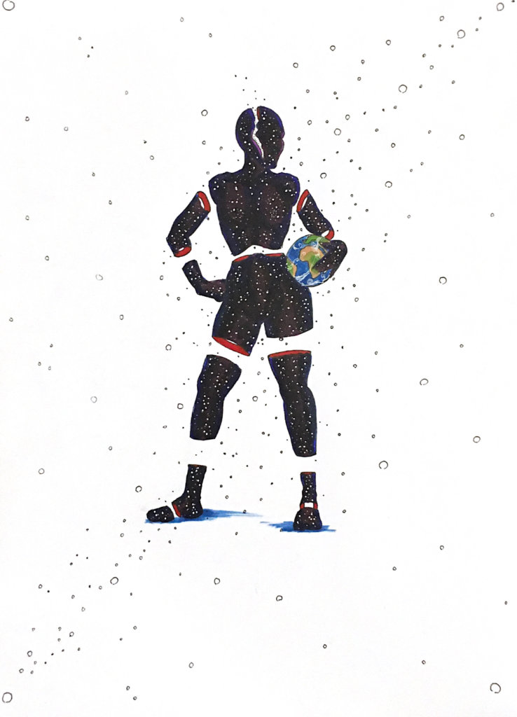 color drawing of a space woman holding the earth as if it is a basketball