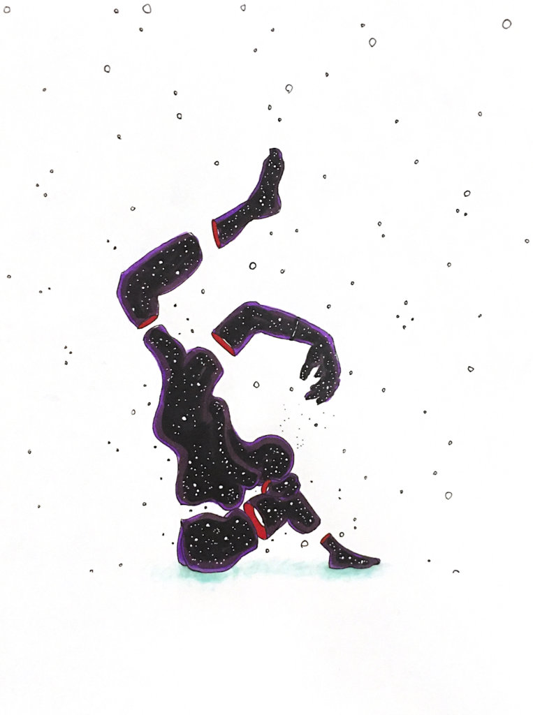 color drawing of a person with crazy limbs coming out of their flesh