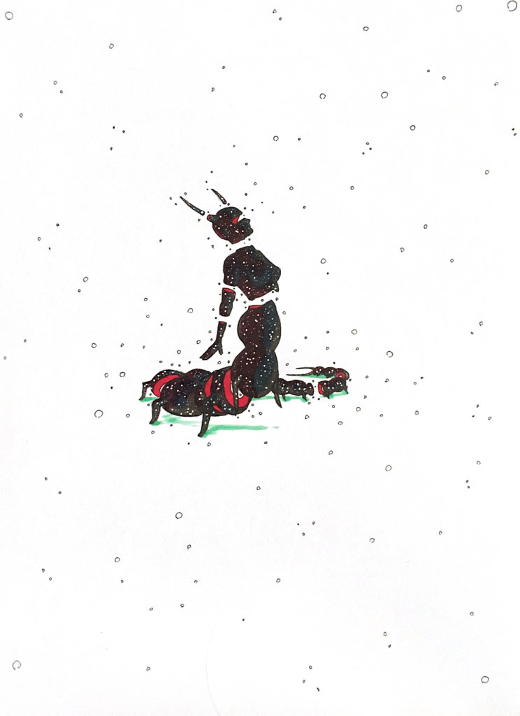 color drawing of a centipede woman