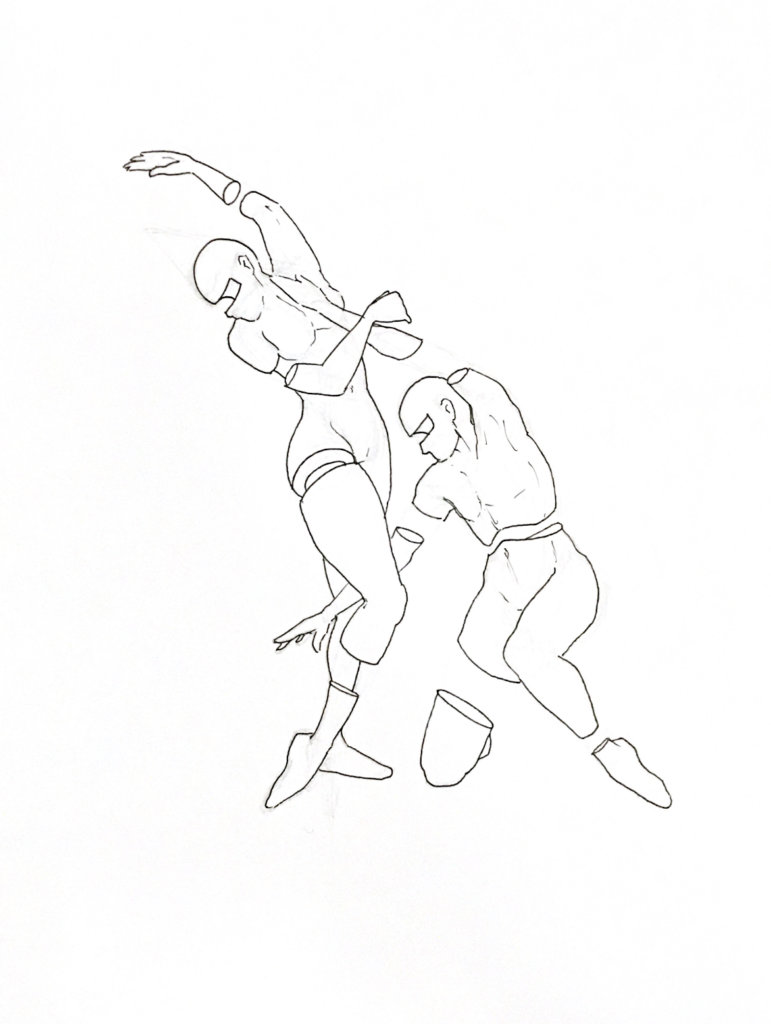 WIP drawing of a moon man dancing with outer space woman