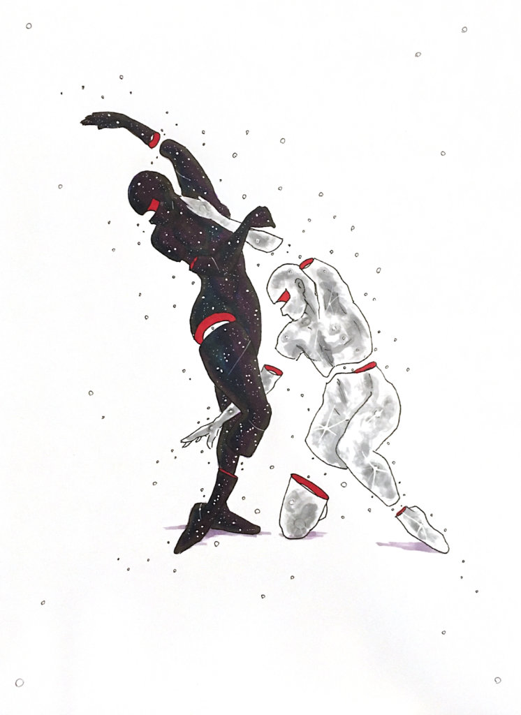 color drawing of a moon man dancing with outer space woman