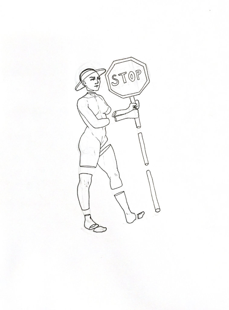 WIP drawing of an earth woman holding up an outer space stop sign