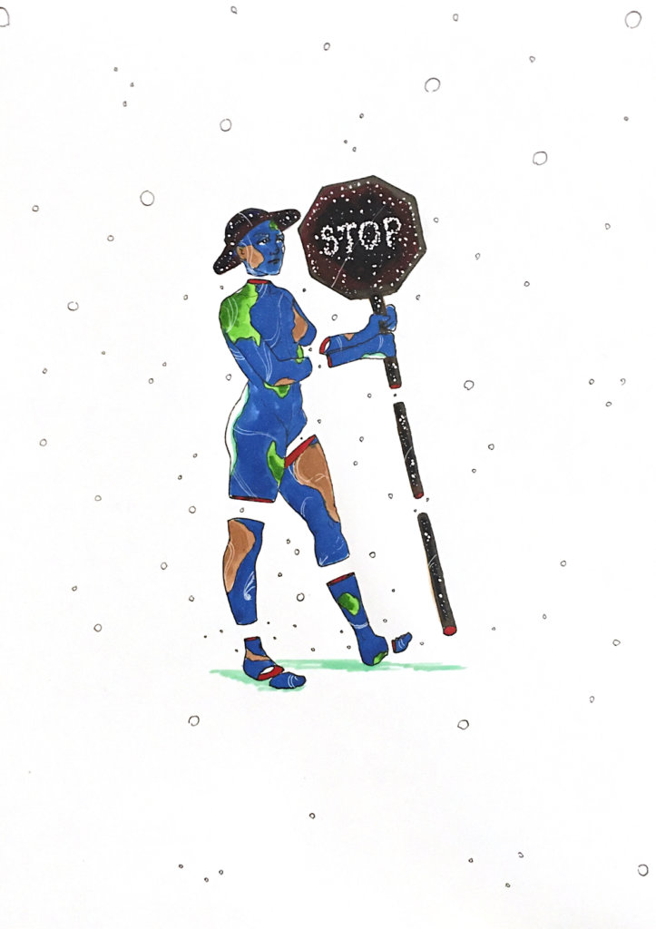color drawing of an earth woman holding up an outer space stop sign