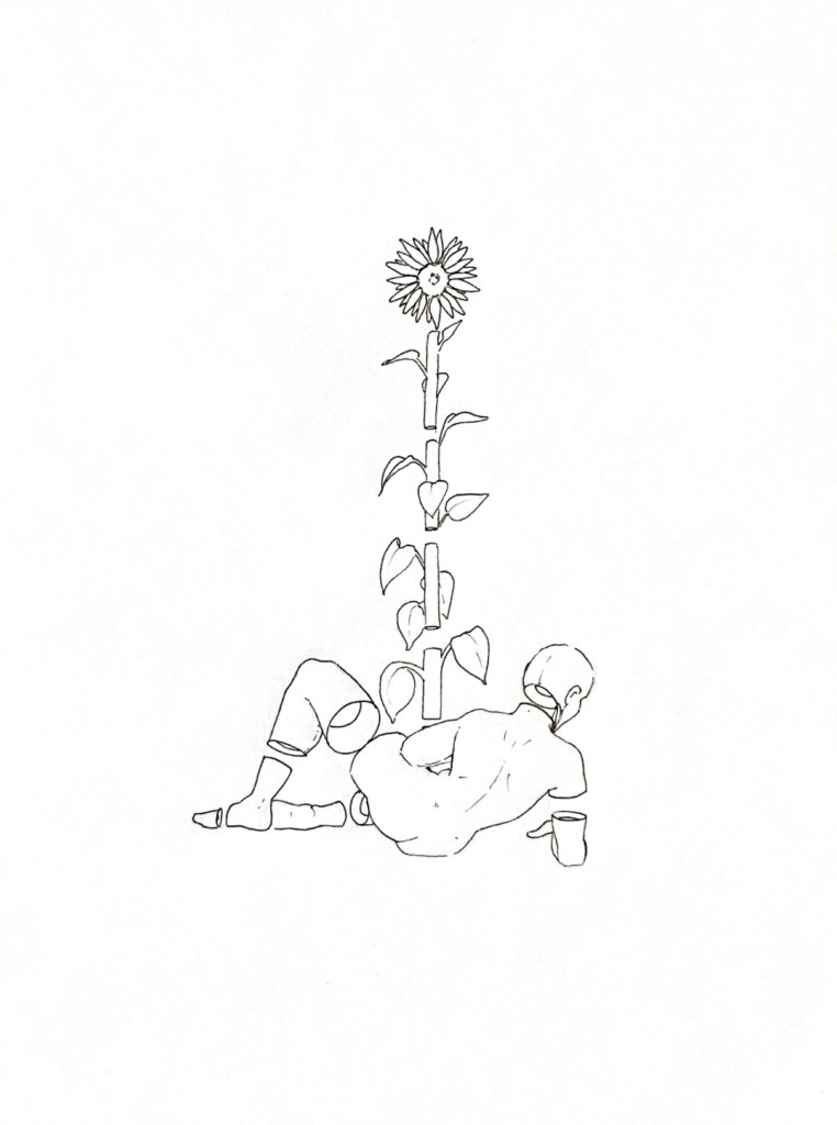 WIP drawing of a reclined person with a giant sunflower going out from them