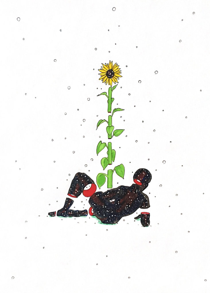 color drawing of a reclined person with a giant sunflower going out from them