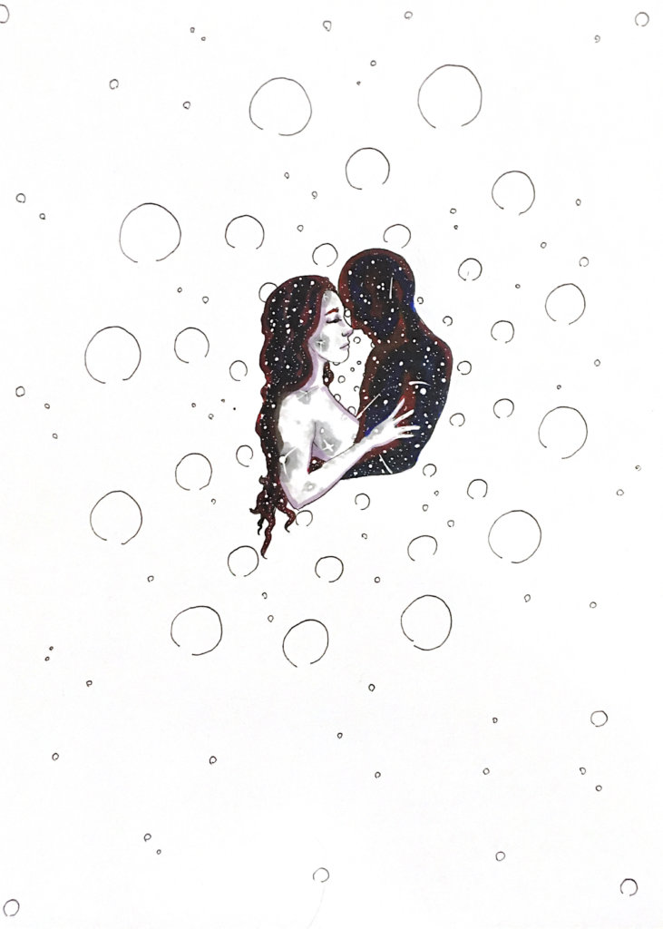 color drawing of a moon woman and a sky man embracing