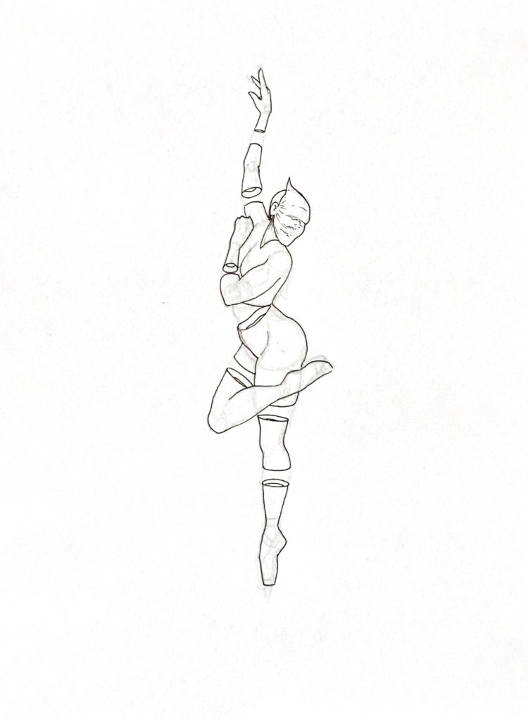 WIP drawing of a masked ballerina