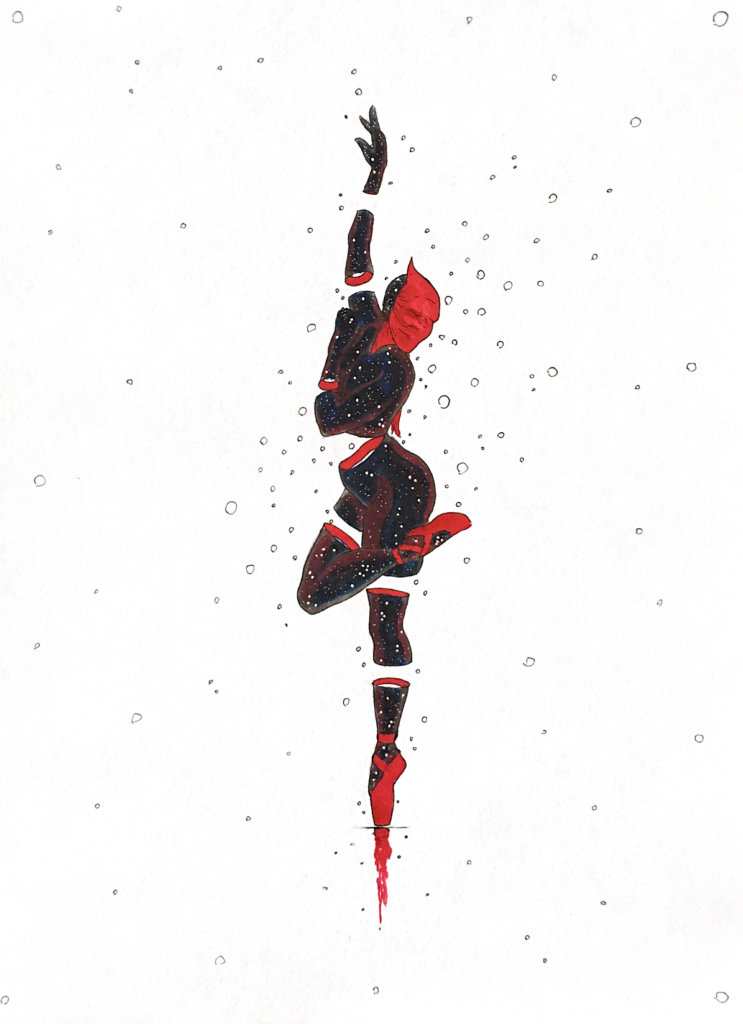 color drawing of a masked ballerina