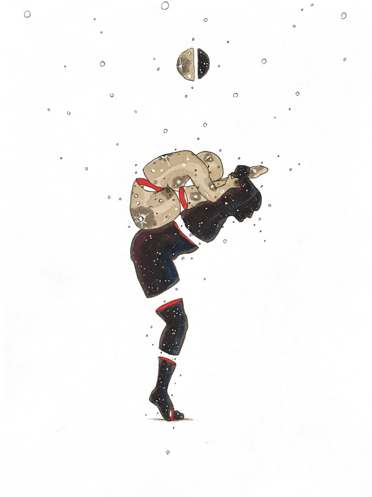 color drawing of the sky holding the moon in a dance