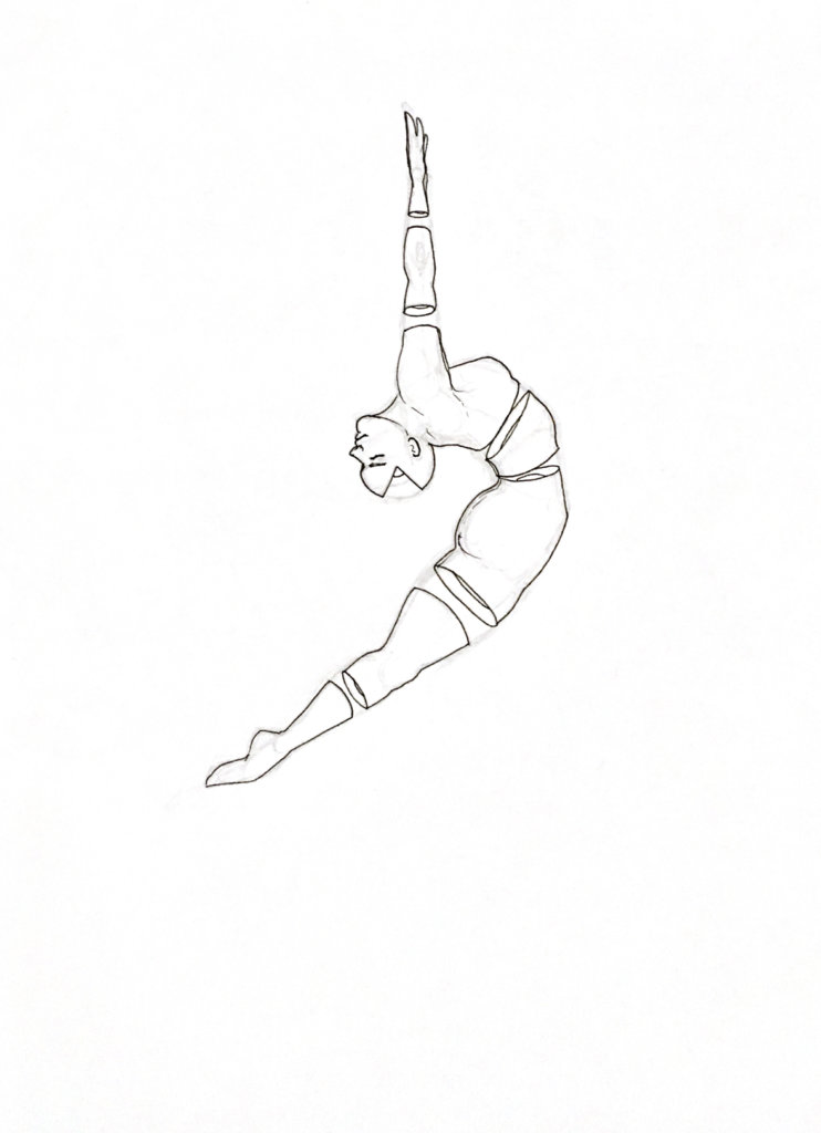 WIP drawing of a galaxy person stretching backwards