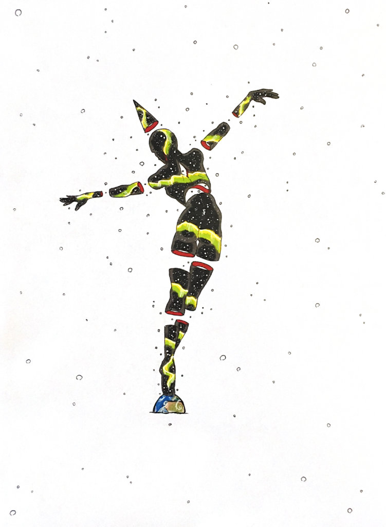 color drawing of a galaxy person dancing