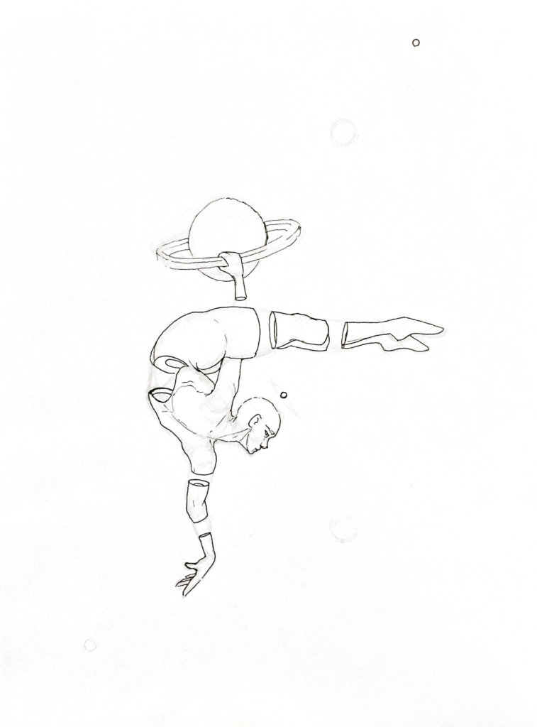 WIP drawing of a sky person hanging off a planet's ring