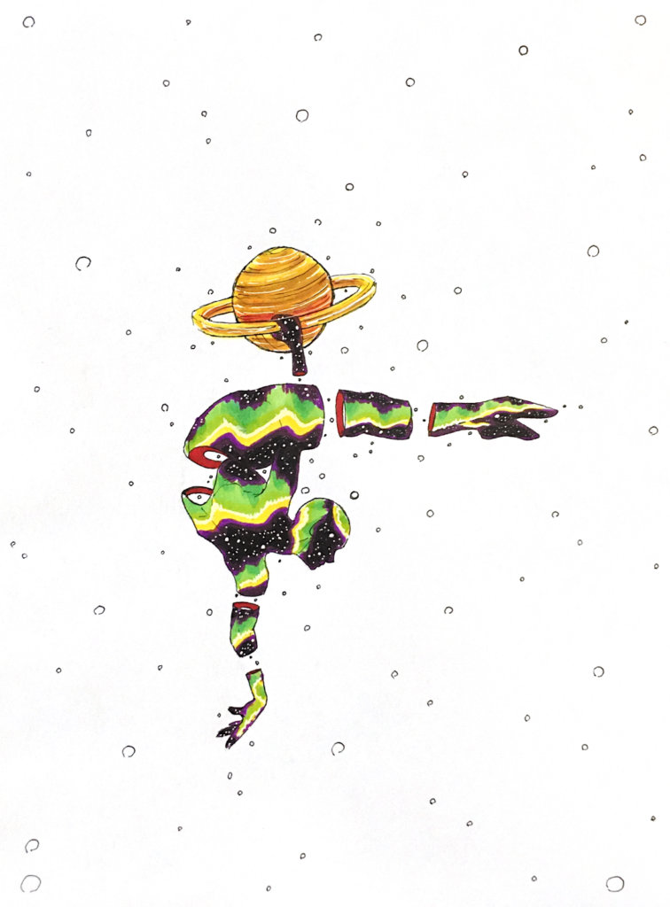 color drawing of a sky person hanging off a planet's ring