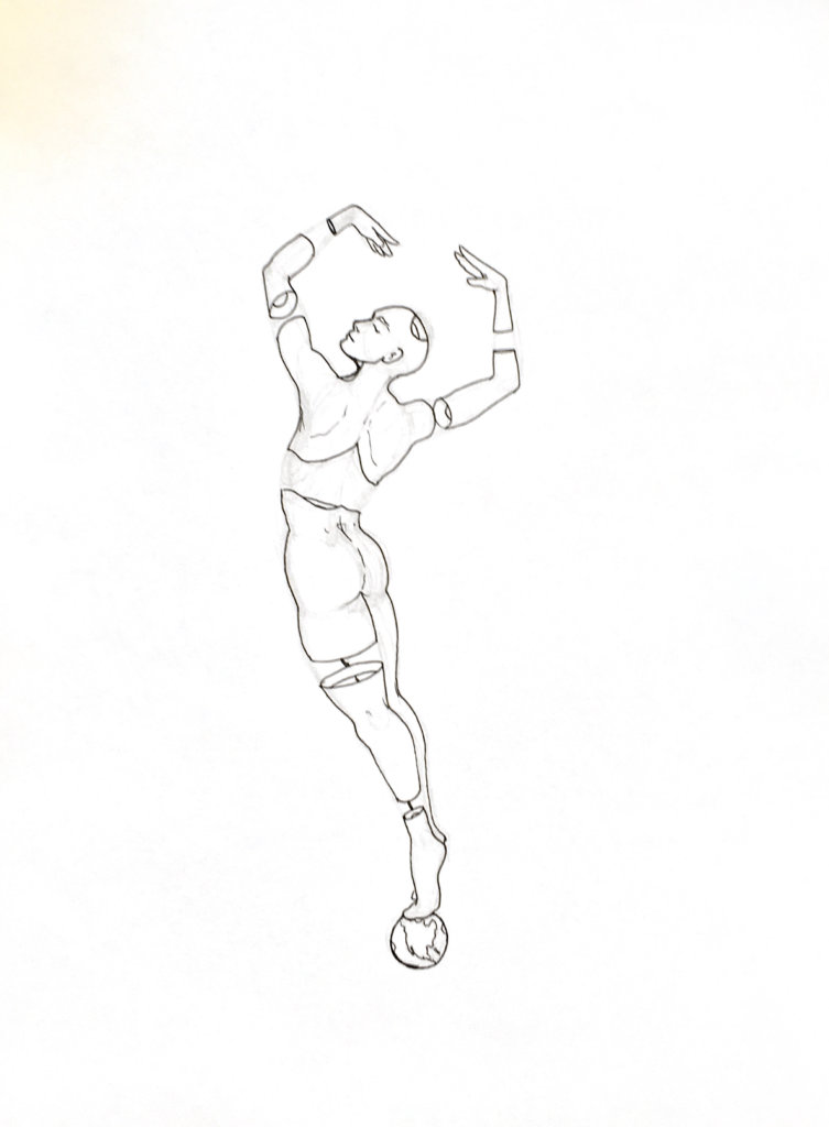 WIP drawing of a sky person balancing on the earth