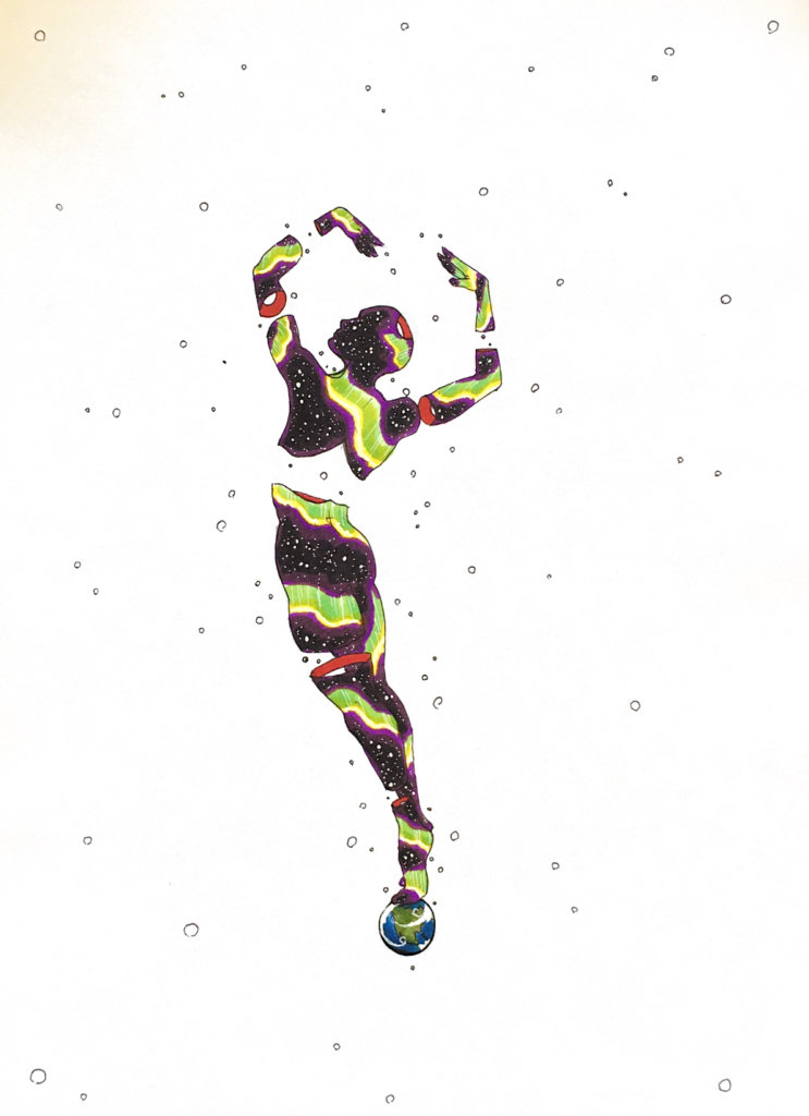 color drawing of a sky person balancing on the earth