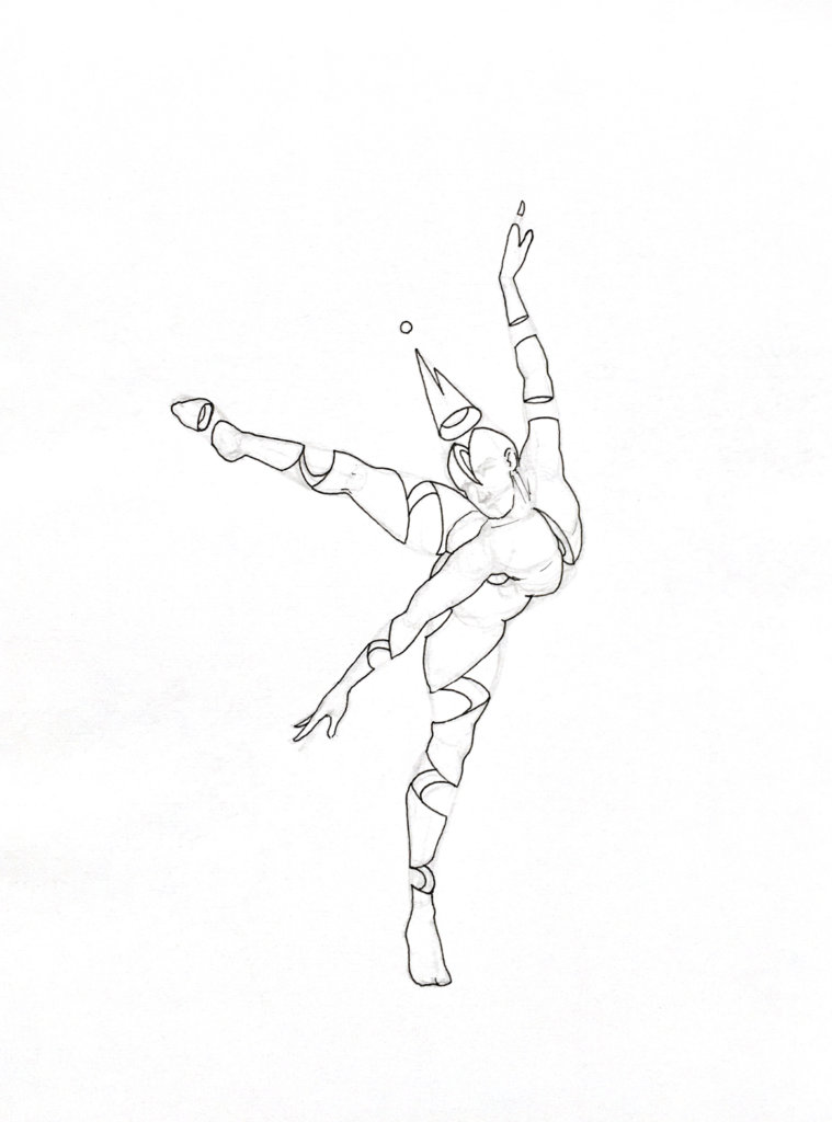 WIP drawing of a man with a dunce cap bowing