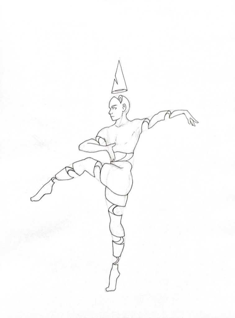 WIP drawing of a ballerina balancing on one foot