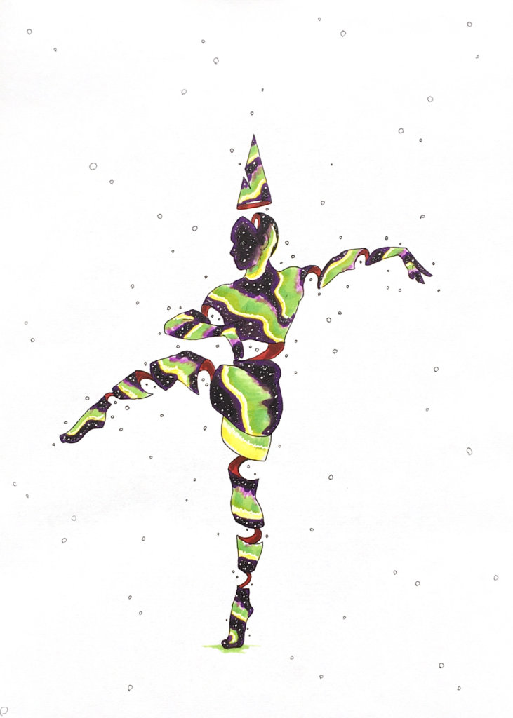 color drawing of a ballerina balancing on one foot