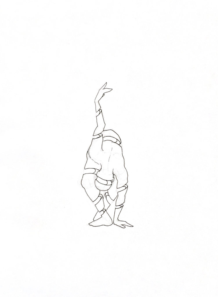 WIP drawing of a person bending over and stretching their arm up