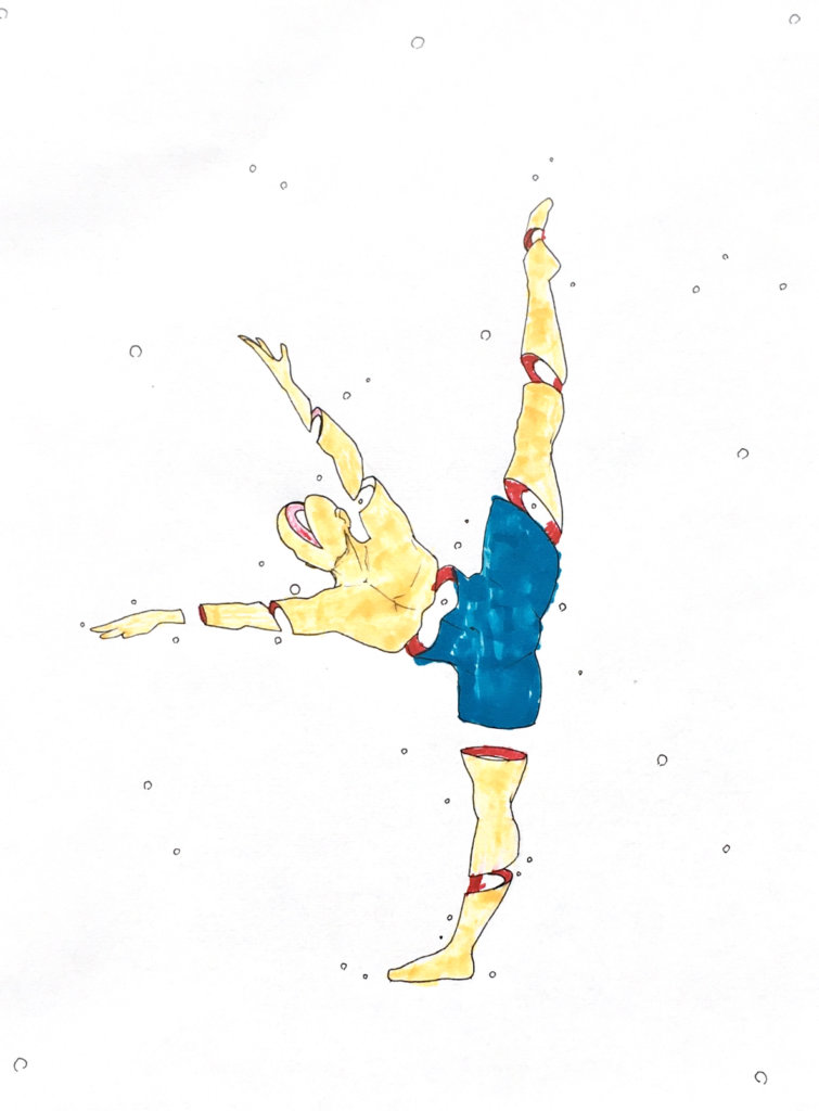color drawing of a man dancing and stretching out his legs and arms