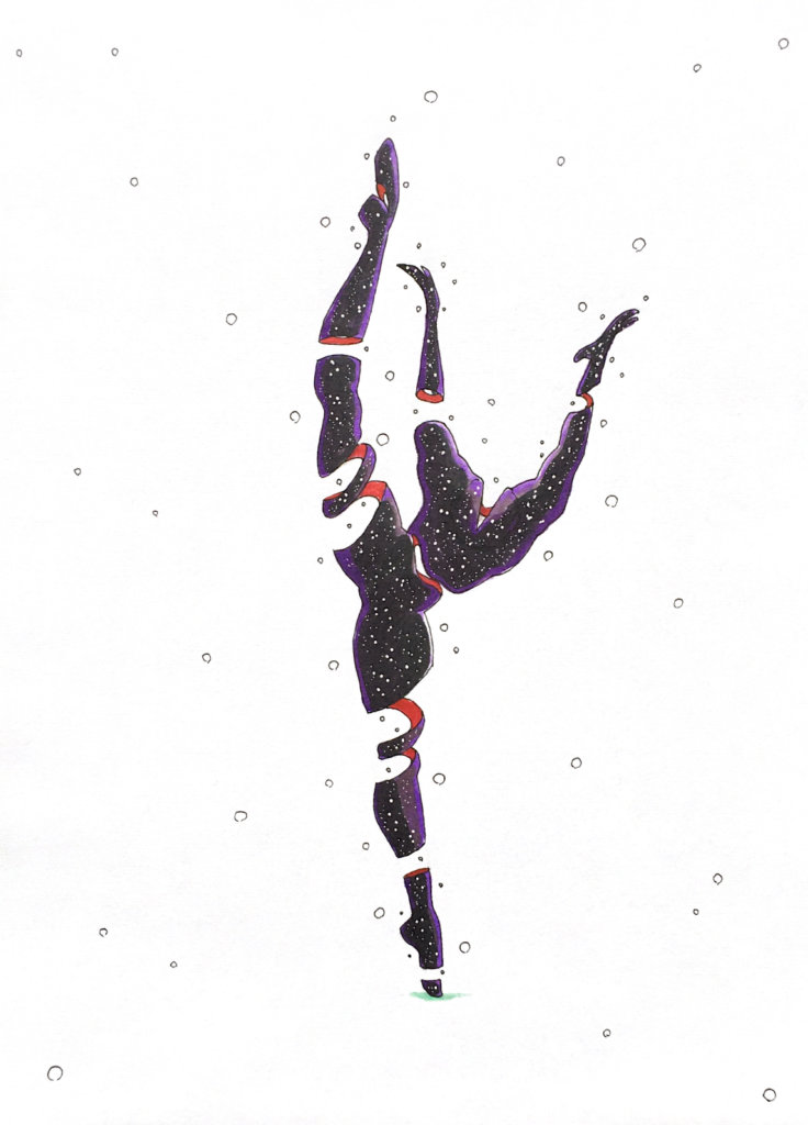 color drawing of a person in an intense dancing position