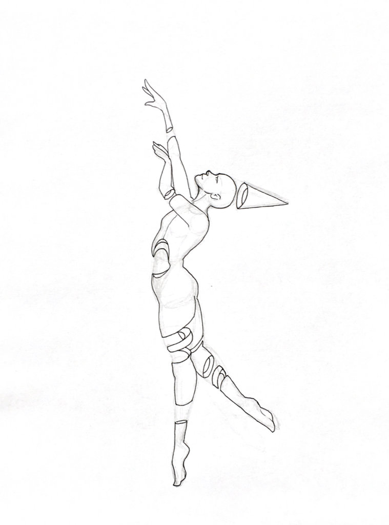 WIP drawing of a person with a dunce cap stretching to the sky