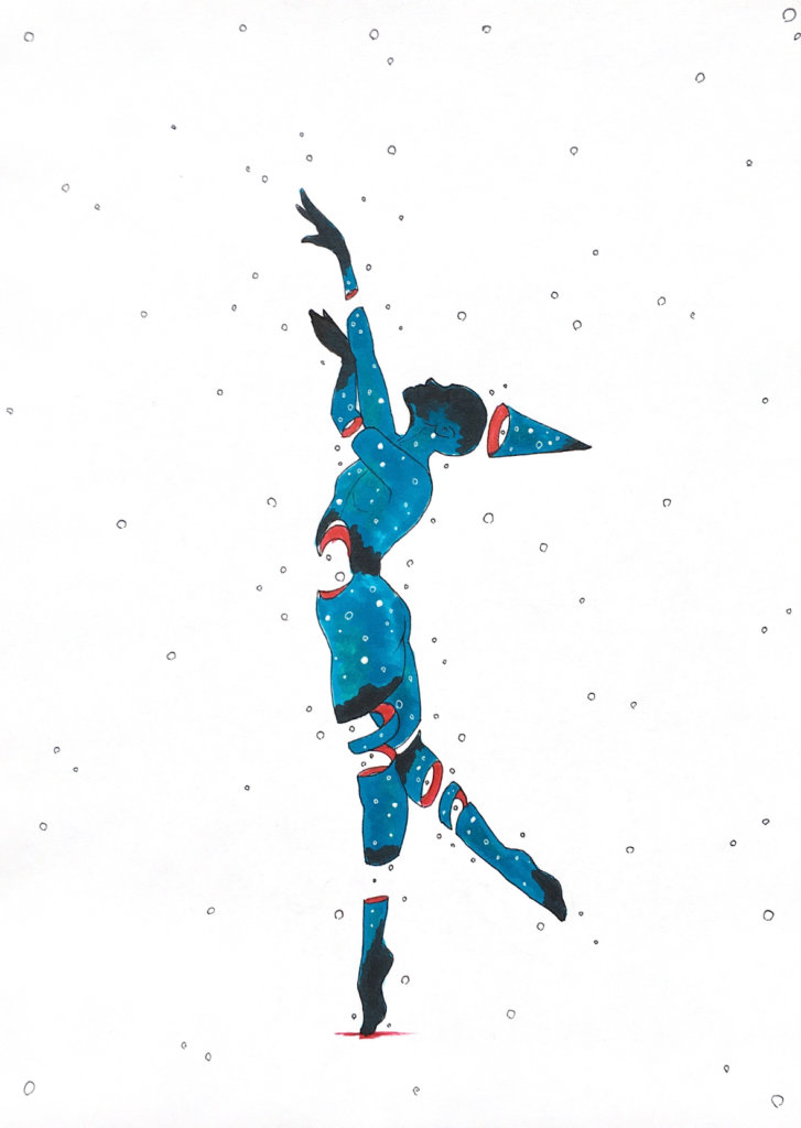 color drawing of a person with a dunce cap stretching to the sky