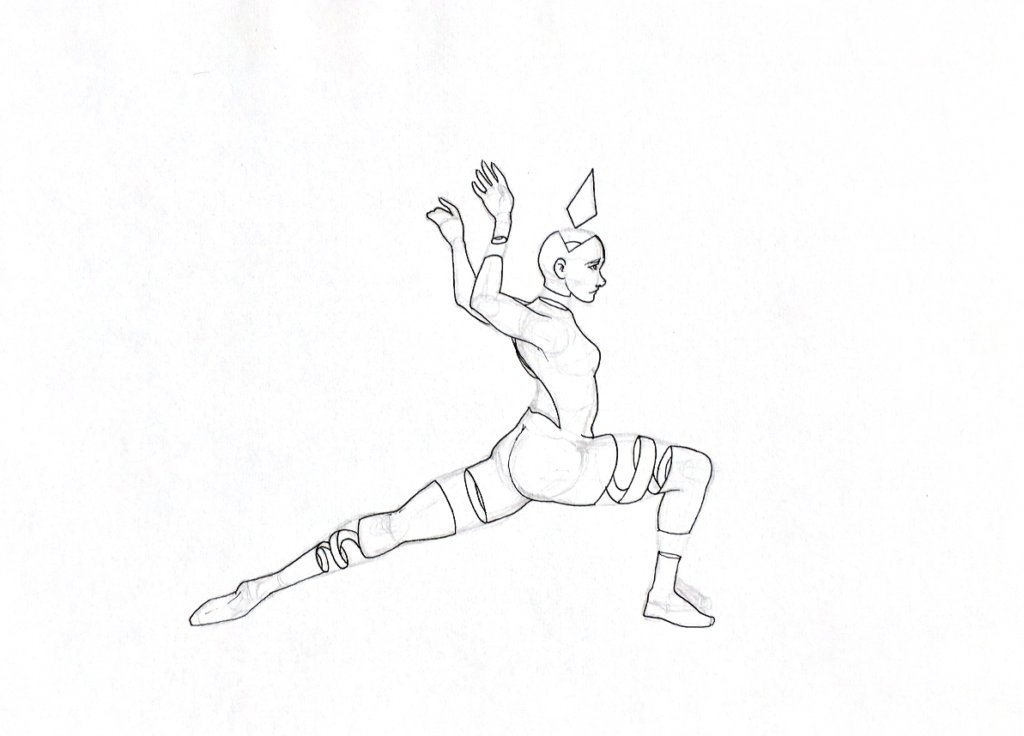 WIP drawing of a person with amputated limbs doing a yoga pose