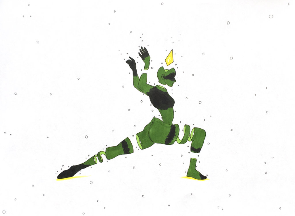 color drawing of a person with amputated limbs doing a yoga pose