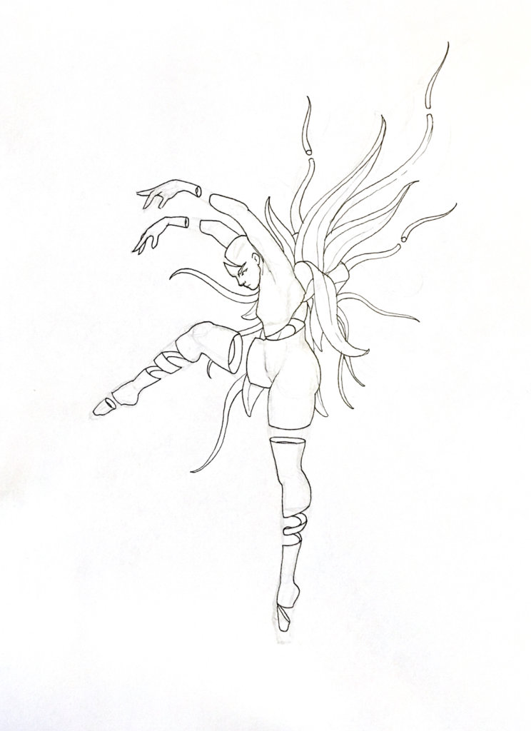 WIP drawing of a dancer with floral wings